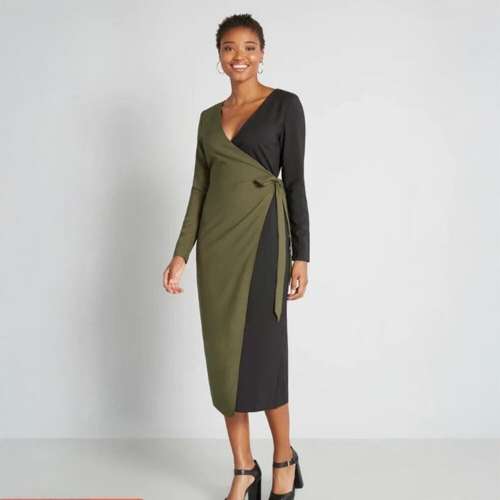 Anthropologie Hutch Women's Modern Precision Green Black Midi Wrap Dress 1X Plus